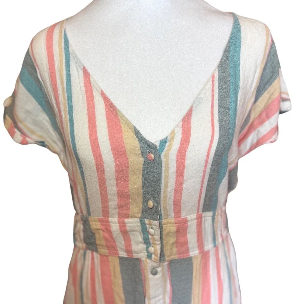 Roxy Womens Striped Button Front Maxi Dress Pink Teal Cotton Blend Large